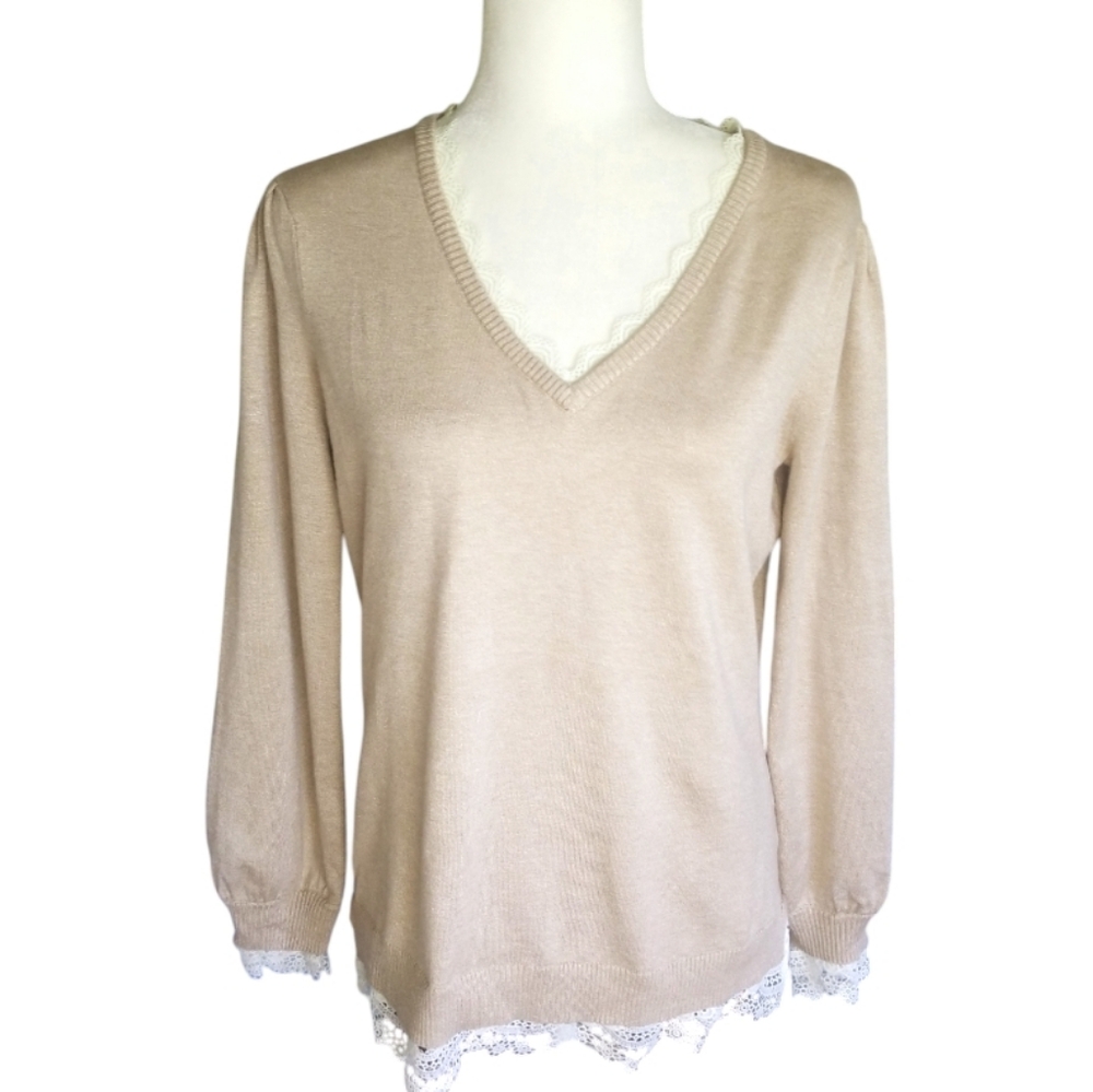 Adrianna Papell V-Neck Sweater Light Beige with Lace Detail